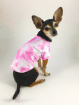 Swagadelic Pink Tie Dye Tee - Cute Chihuahua named Hugo in sitting position with his back towards the camera and looking back, wearing the hand tie-dyed tee with Pink