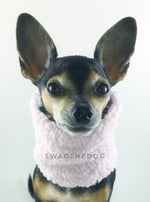 Gray Snow Leopard Swagsnood - Full Front View of Hugo, Cute Chihuahua dog sitting wearing pink sherpa side