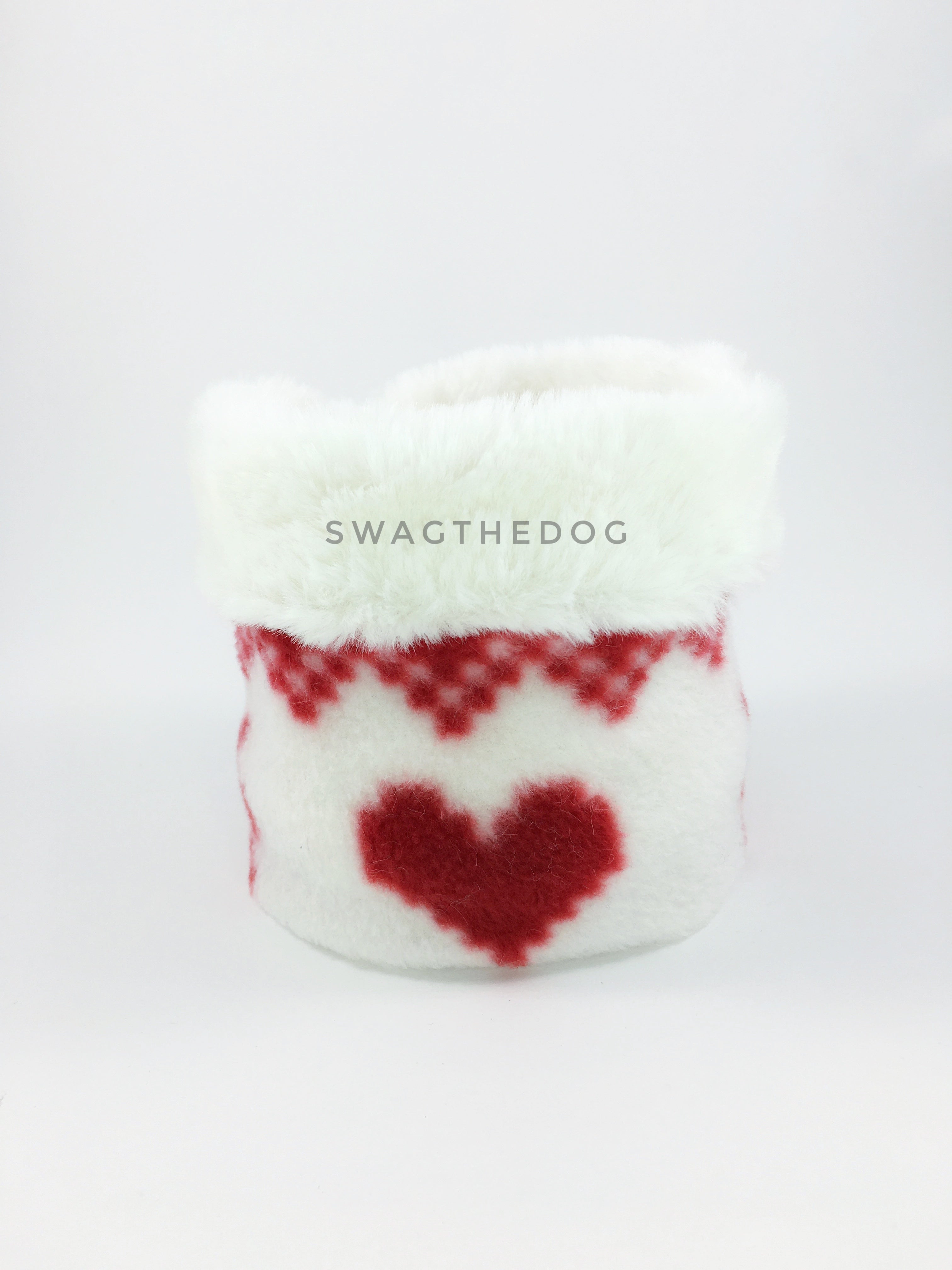 Full of Heart Swagsnood - Product Front View. Cream faux fur rolled up 1/3 of the snood and 2/3 with full of heart print fleece