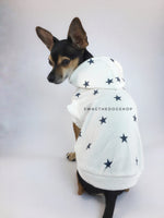 All-Star White Hoodie - Cute Chihuahua Dog Wearing Hoodie Looking Back. White and Blue Star Hoodie