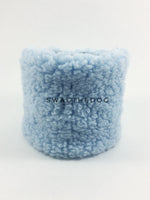 Gray Snow Leopard Swagsnood - Product Front View. Blue Sherpa Side