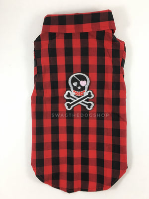 Kenora Summer Shirt - Patch Add-on of Badass Skull on the Back. Black and Red Checker Pattern Gingham Shirt
