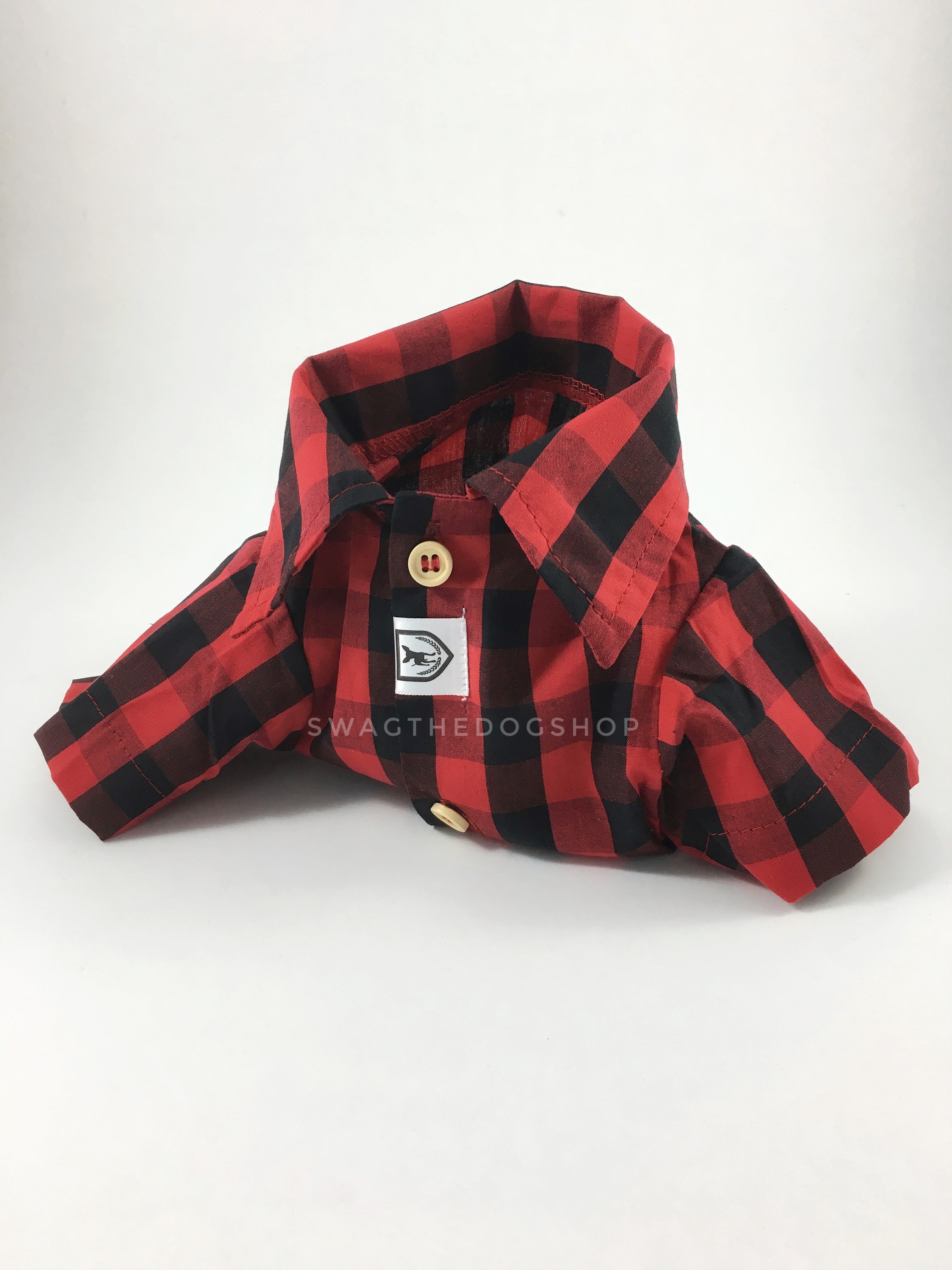 Kenora Summer Shirt - Product Upright Front View. Black and Red Gingham Shirt