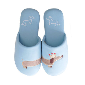 Blue Plush House Slippers with Dachshund wearing a crown embroidery on top.