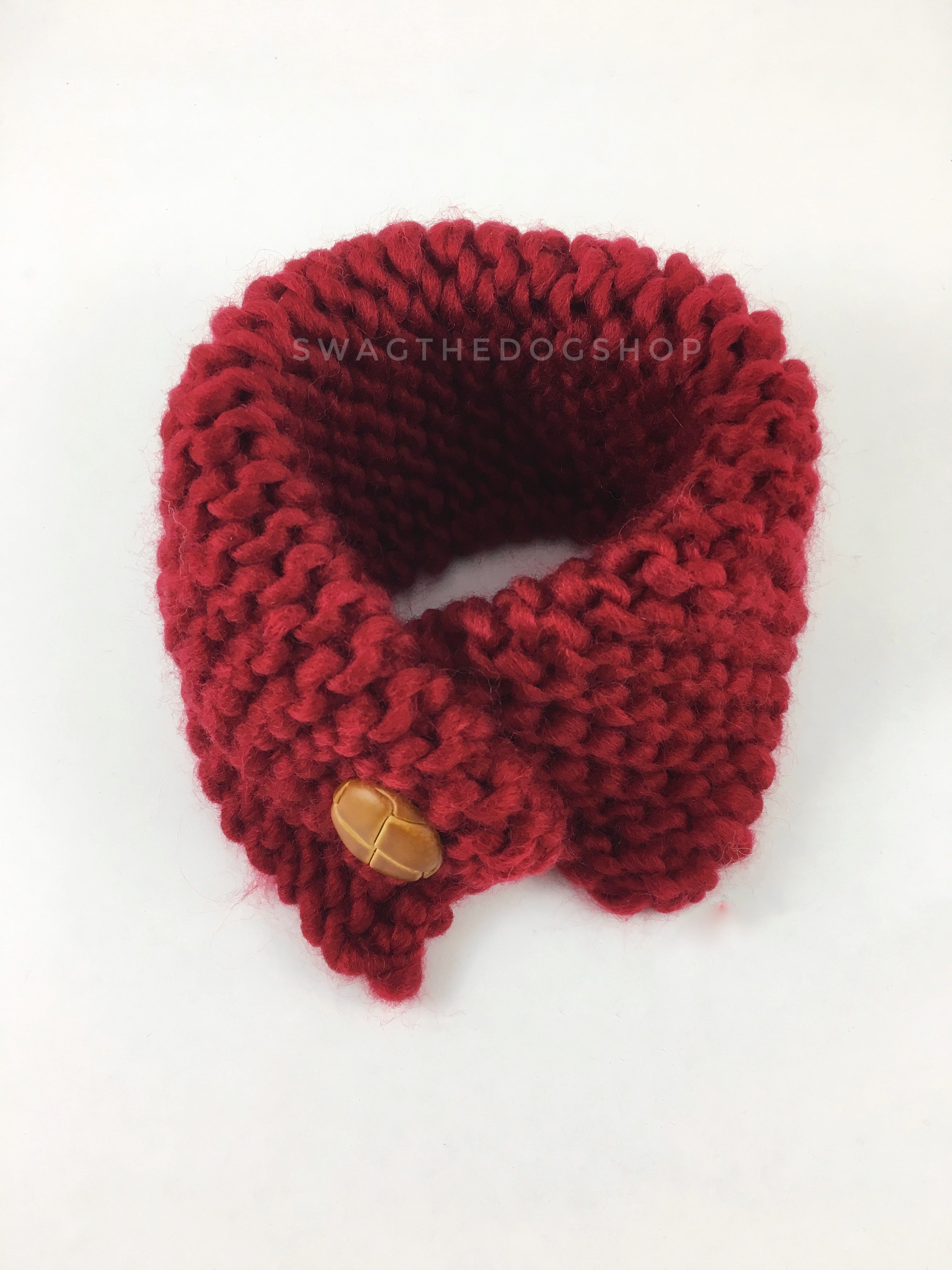 Maroon 7 Swagsnood - Product Above View. Maroon Color Dog Snood with Accent Button