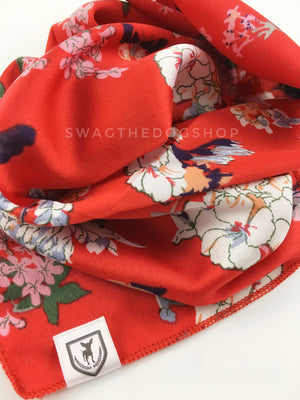Red Wild Flowers Swagdana Scarf - Close-up View Of Product. Dog Bandana. Dog Scarf.