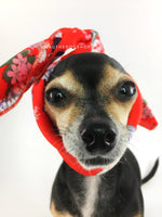 Red Wild Flowers Swagdana Scarf - Bust of Cute Chihuahua Wearing Swagdana Scarf as Headband. Dog Bandana. Dog Scarf.
