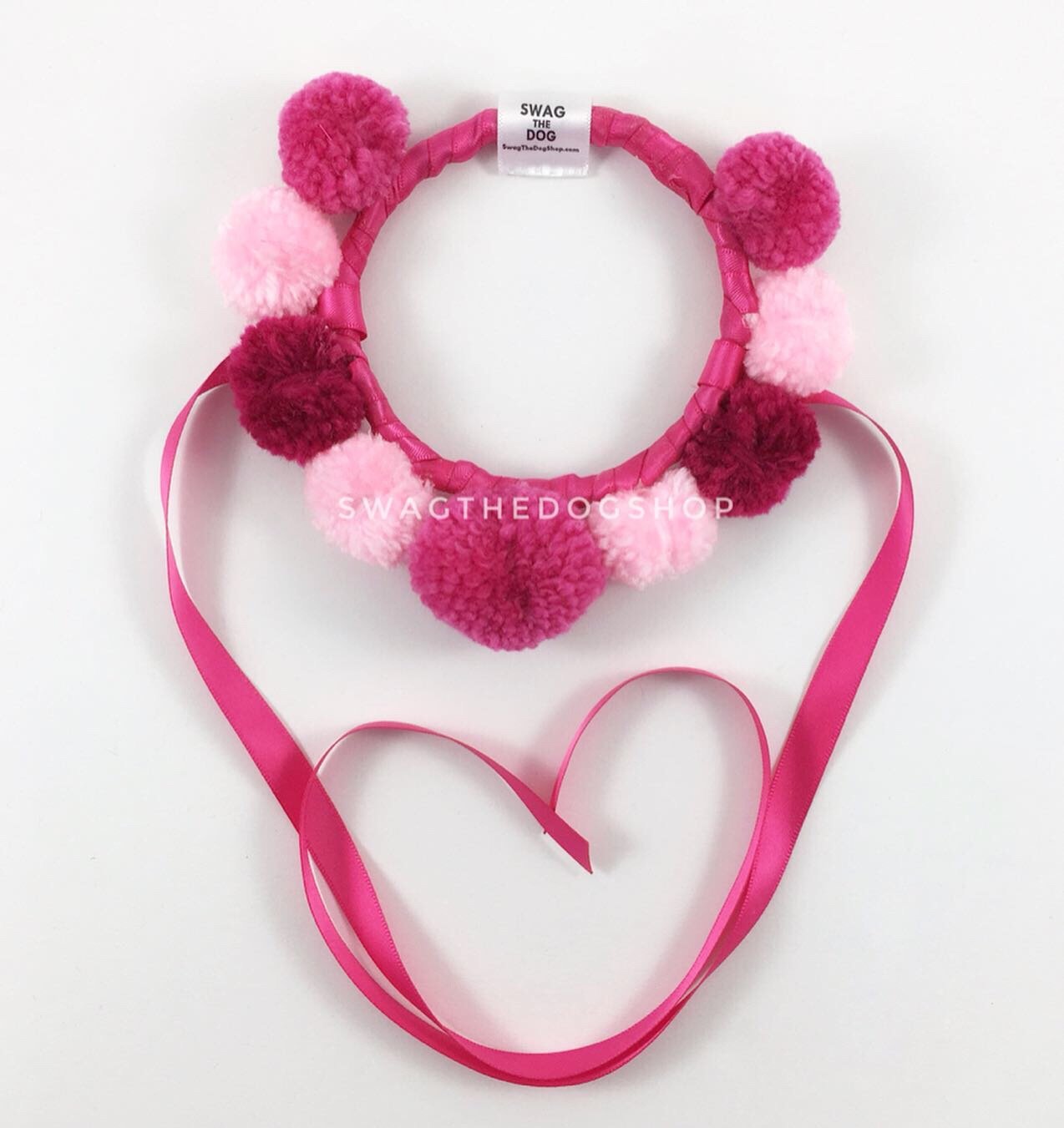Heart Pomping Swag Crown with Pink Ribbon to tie. Mix of light pink pom poms and dark pink pom poms on crown. Dog Pom Pom Crown. 