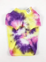 Swagadelic Spiral Tie Dye Tee - Product front view. The hand tie-dyed tee with Pink, Yellow and Purple