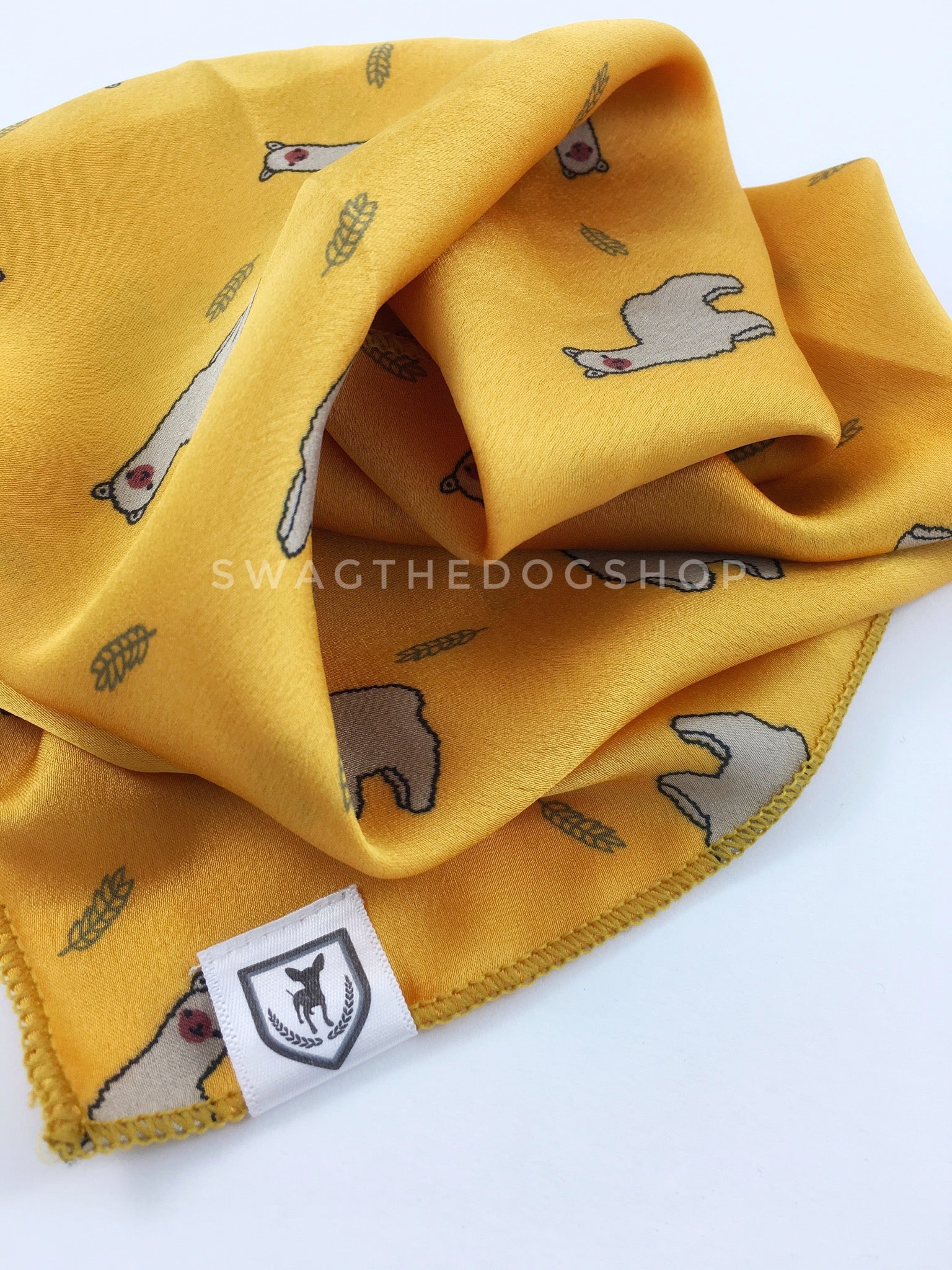 Lorenzo Llama Yellow Swagdana Scarf - Close-up View of Product. Dog Bandana. Dog Scarf.
