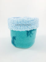 Blue Unicorn Swagsnood - Product Front View. Blue sherpa rolled up 1/3 of the snood and 2/3 with blue unicorn print fleece