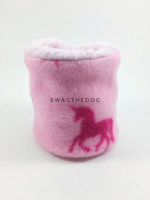 Pink Unicorn Swagsnood - Product Front View. Pink Unicorn Print Fleece Dog Snood and pink sherpa peeking out