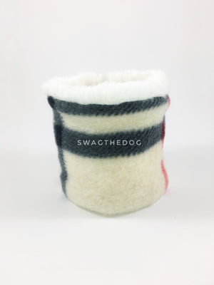 Furberry Swagsnood - Product Front View. Classic cream Burberry Print Fleece Dog Snood and cream faux fur peeking out