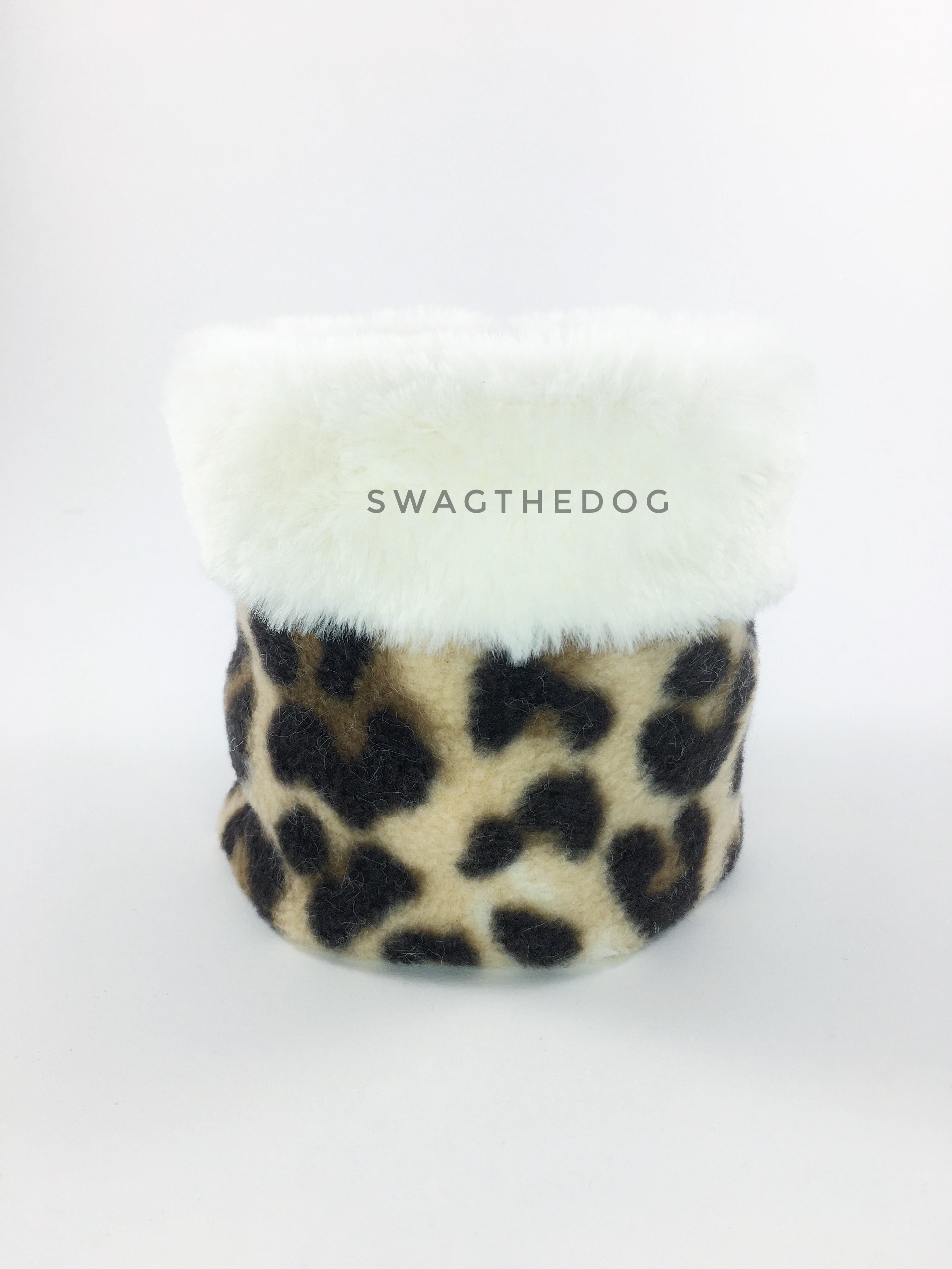 Leopard Swagsnood - Product Front View. Cream faux fur rolled up 1/3 of the snood and 2/3 with leopard print fleece