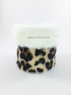 Leopard Swagsnood - Product Front View. Cream faux fur rolled up 1/3 of the snood and 2/3 with leopard print fleece