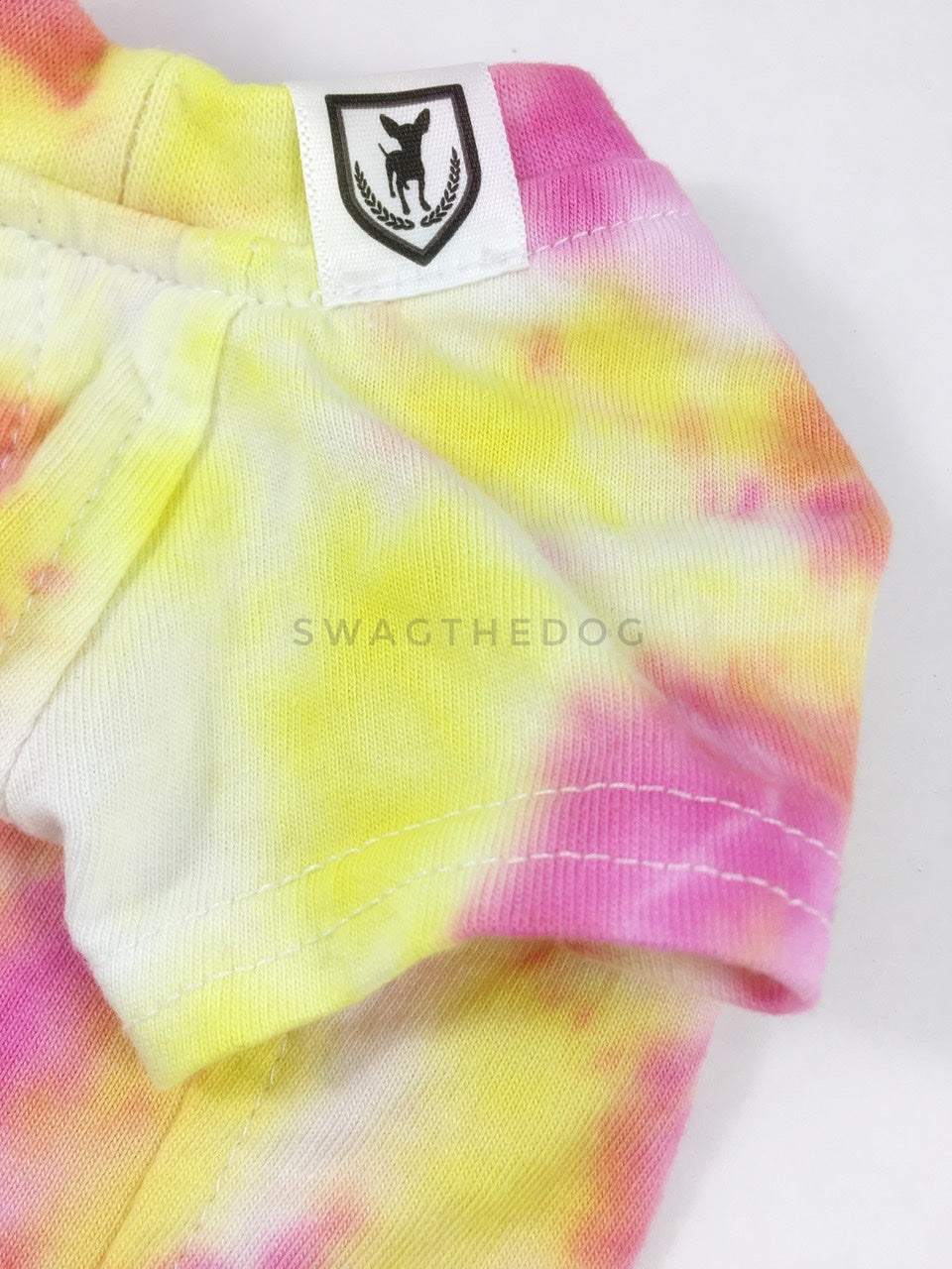 Swagadelic Cotton Candy Tie Dye Tee - Close-up of product front view. The hand tie-dyed tee with Pink and Yellow