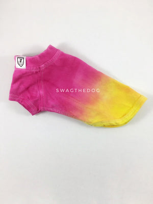 Swagadelic Summer Sunset Ombré Tie Dye Tee - Product side view. The hand tie-dyed tee with Pink and Yellow