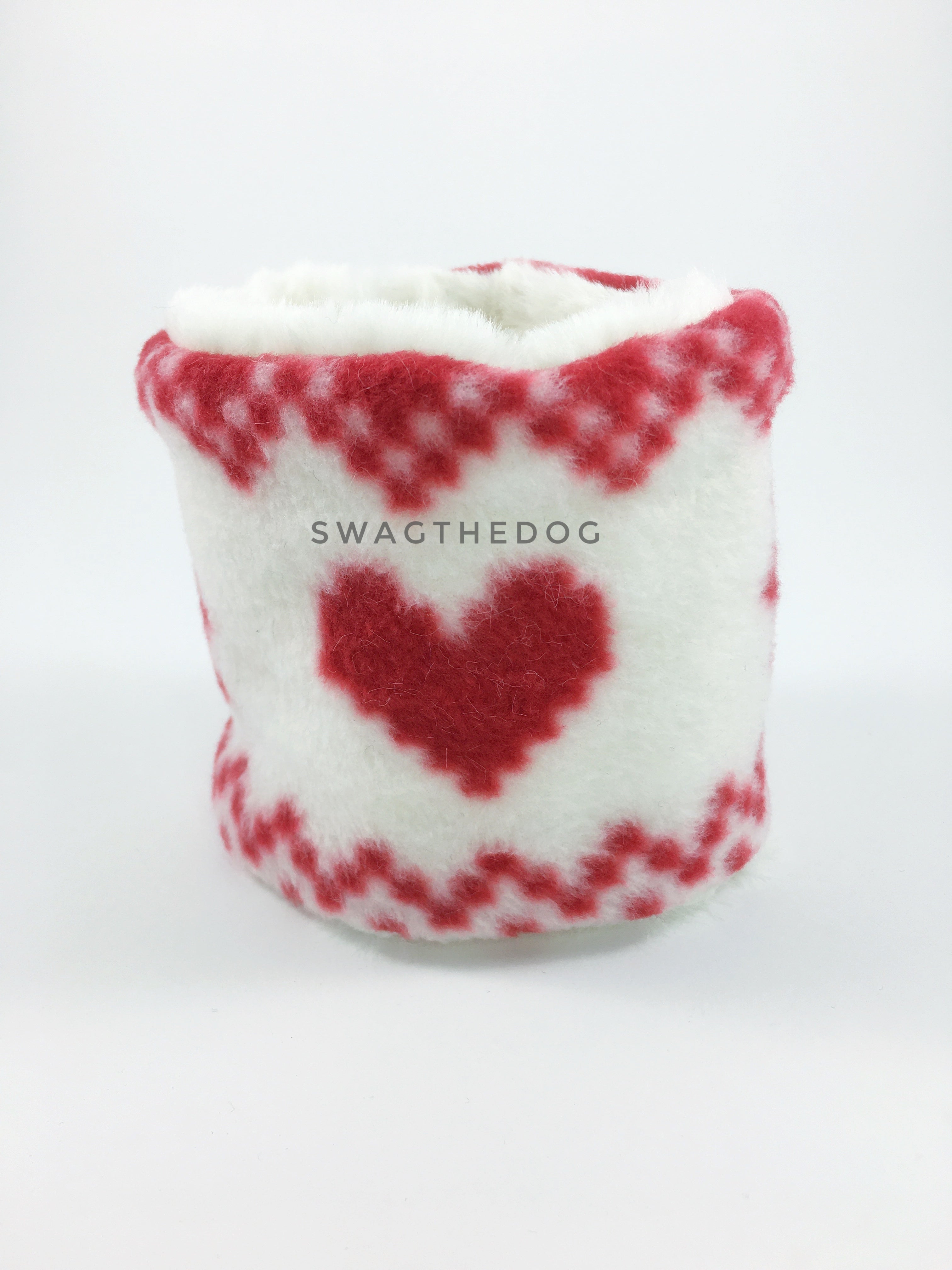Full of Heart Swagsnood - Product Front View. Full of heart print fleece Dog Snood and cream faux fur peeking out