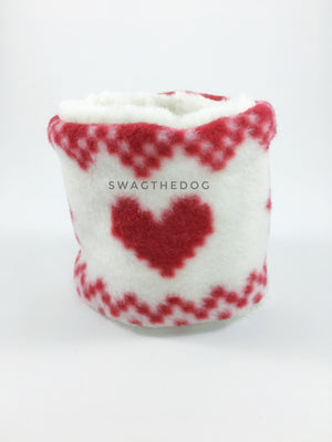 Full of Heart Swagsnood - Product Front View. Full of heart print fleece Dog Snood and cream faux fur peeking out