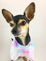 Swagadelic Unicorn Tie Dye Tee - Close-up frontal of cute Chihuahua named Hugo in sitting position, wearing the hand tie-dyed tee with Pink and Sky Blue