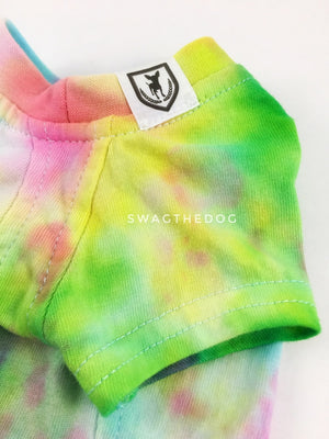 Swagadelic Hipster Tie Dye Tee - Close-up of product front view. The hand tie-dyed tee with Pink, Yellow and Sky Blue