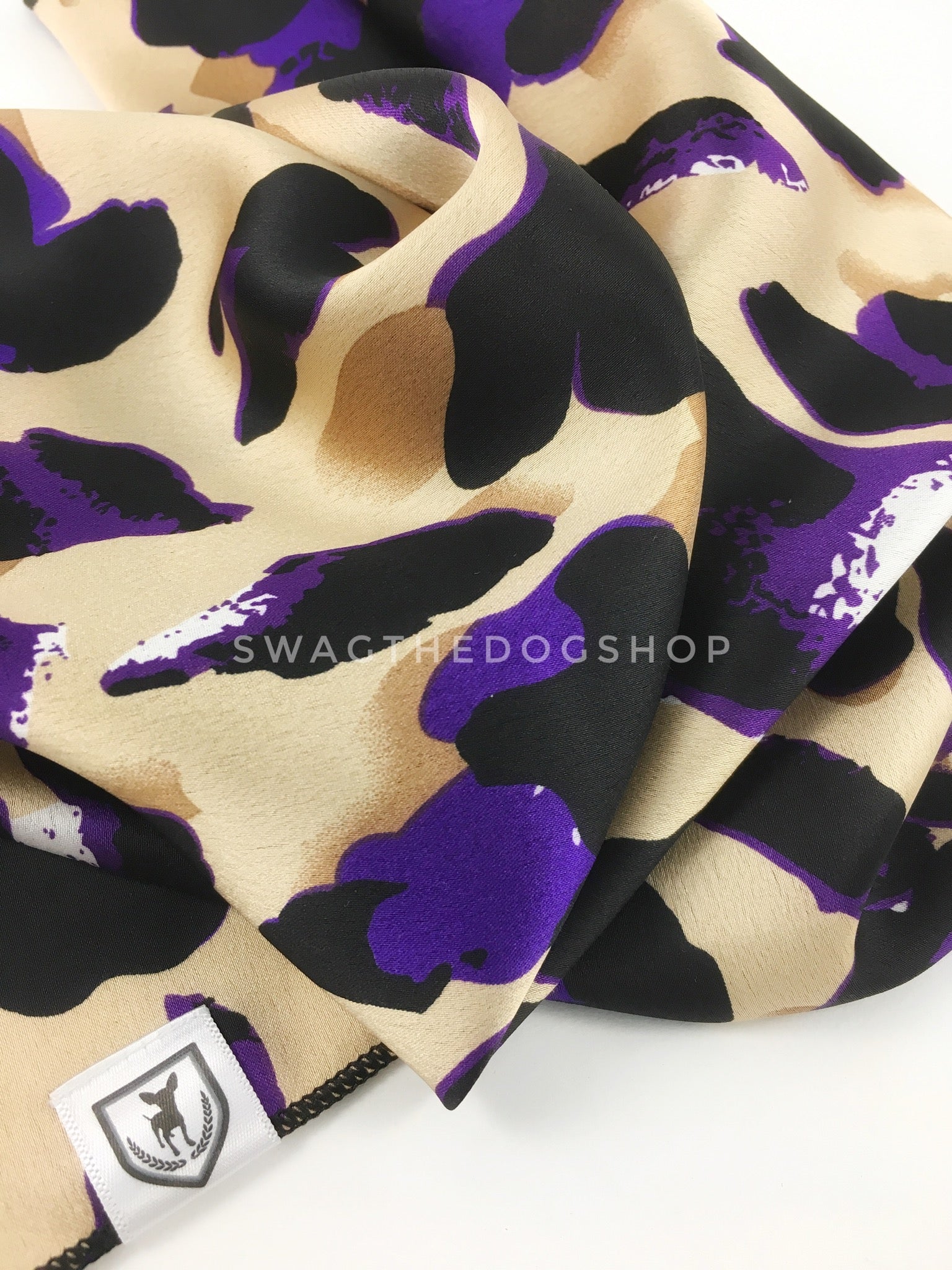Fierce Beige with Purple Swagdana Scarf - Close-up View of Product. Dog Bandana. Dog Scarf