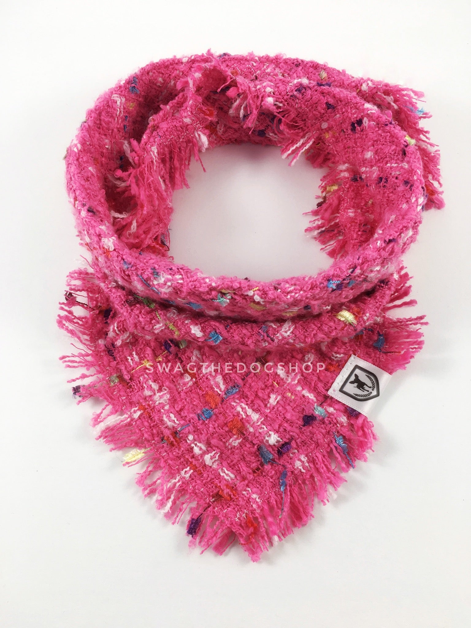 Hot Pink Tweed Swagdana with Frayed Edges - Product Shot. Dog Bandana. Dog Scarf.