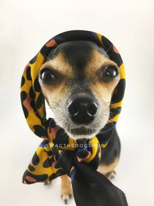 Leopard Sunflower Yellow Swagdana Scarf - Bust of Cute Chihuahua Wearing Swagdana Scarf as Headscarf. Dog Bandana. Dog Scarf.