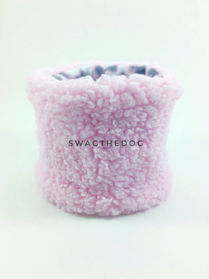 Pink Snow Leopard Swagsnood - Product Front View. Pink Sherpa Side