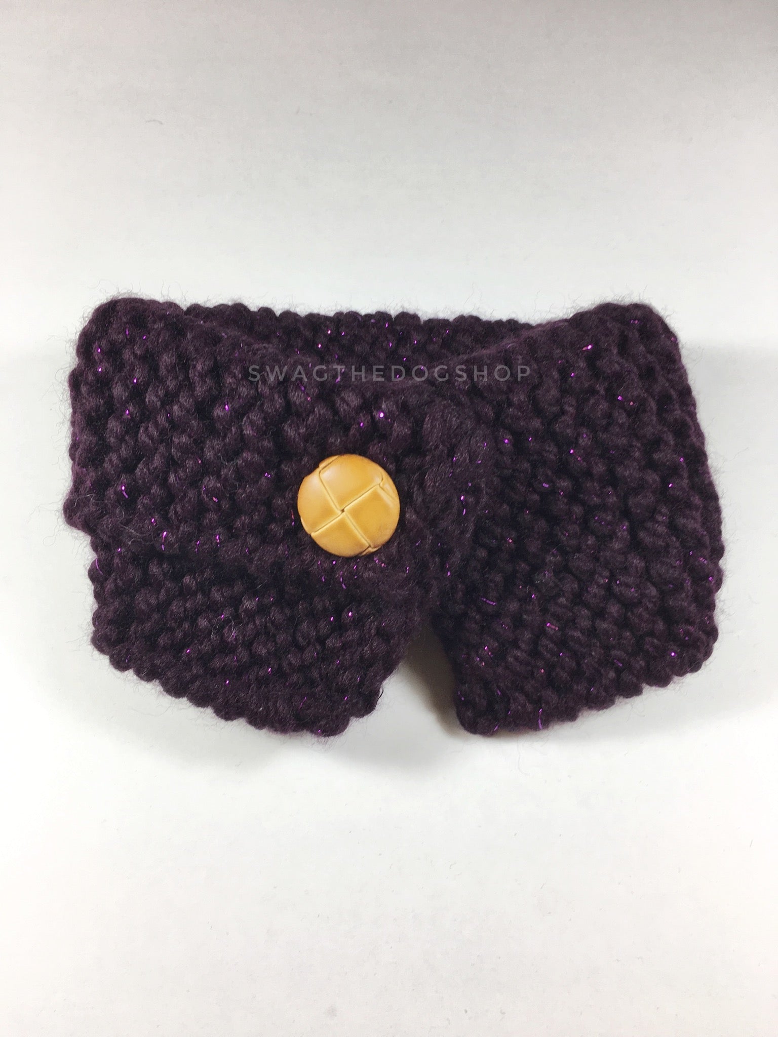 Galaxy Sparkle Swagsnood - Product Front View. Dark Purple with Sparkle Thread Color Dog Snood with Accent Button