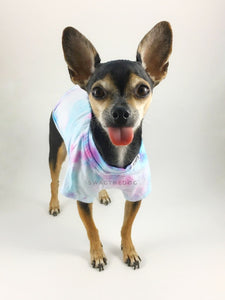 Swagadelic Unicorn Tie Dye Tee - Frontal of cute Chihuahua named Hugo in standing position with his tongue out, wearing the hand tie-dyed tee with Pink and Sky Blue