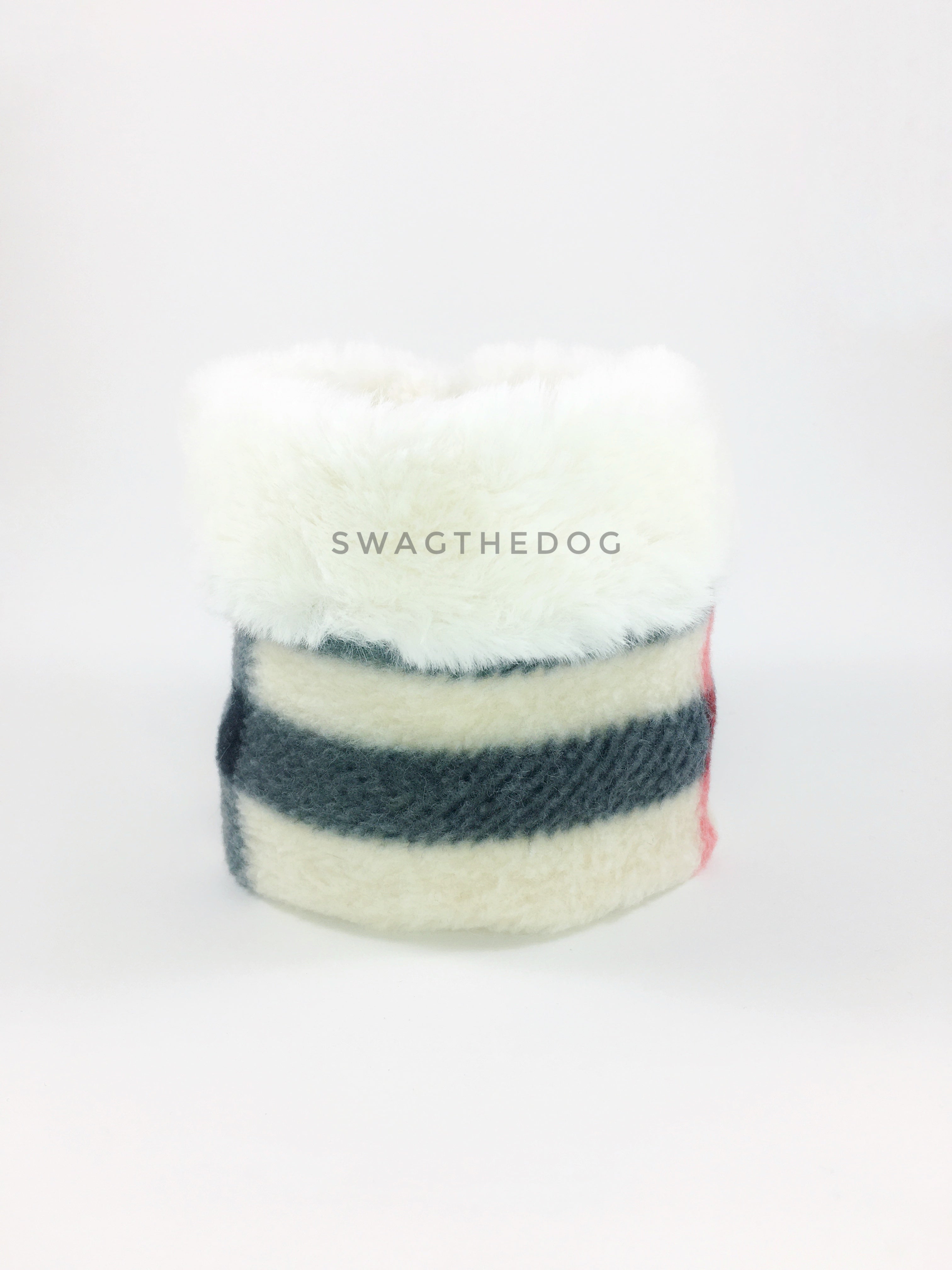 Furberry Swagsnood - Product Front View. Faux fur rolled up 1/3 of the snood and 2/3 with cream burberry print fleece