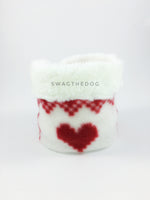 Full of Heart Swagsnood - Product Front View. Cream faux fur rolled up 1/3 of the snood and 2/3 with full of heart print fleece