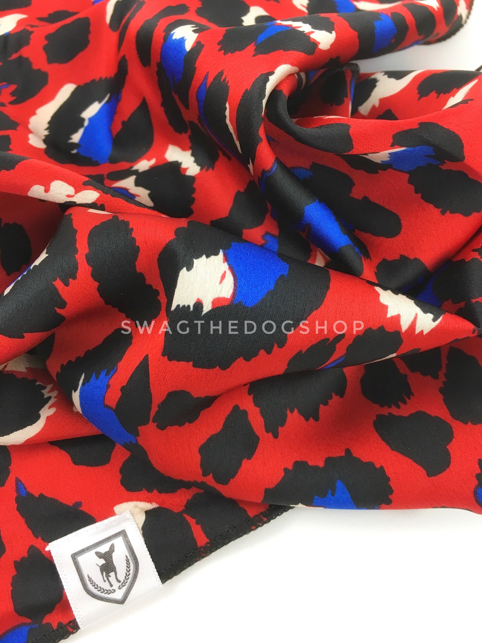 Fierce Vibrant Red with Blue Swagdana Scarf - Close-up View of Product. Dog Bandana. Dog Scarf