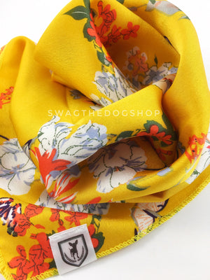 Yellow Wild Flower Swagdana Scarf - Close-up View of Product. Dog Bandana. Dog Scarf.