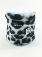 Gray Snow Leopard Swagsnood - Product Front View. Gray snow leopard print fleece Dog Snood and blue sherpa peeking out