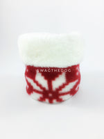 Red Holiday Swagsnood - Product Front View. Faux fur rolled up 1/3 of the snood and 2/3 with snowflake print fleece