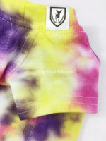 Swagadelic Spiral Tie Dye Tee - Close-up of product front view. The hand tie-dyed tee with Pink, Yellow and Purple