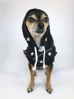All-Star Black Hoodie - Front View of Cute Chihuahua Dog Wearing Hoodie with Hood Up. Black and White Star Hoodie
