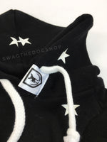 All-Star Black Hoodie - Close Up View of Label and Hood. Black and White Star Hoodie