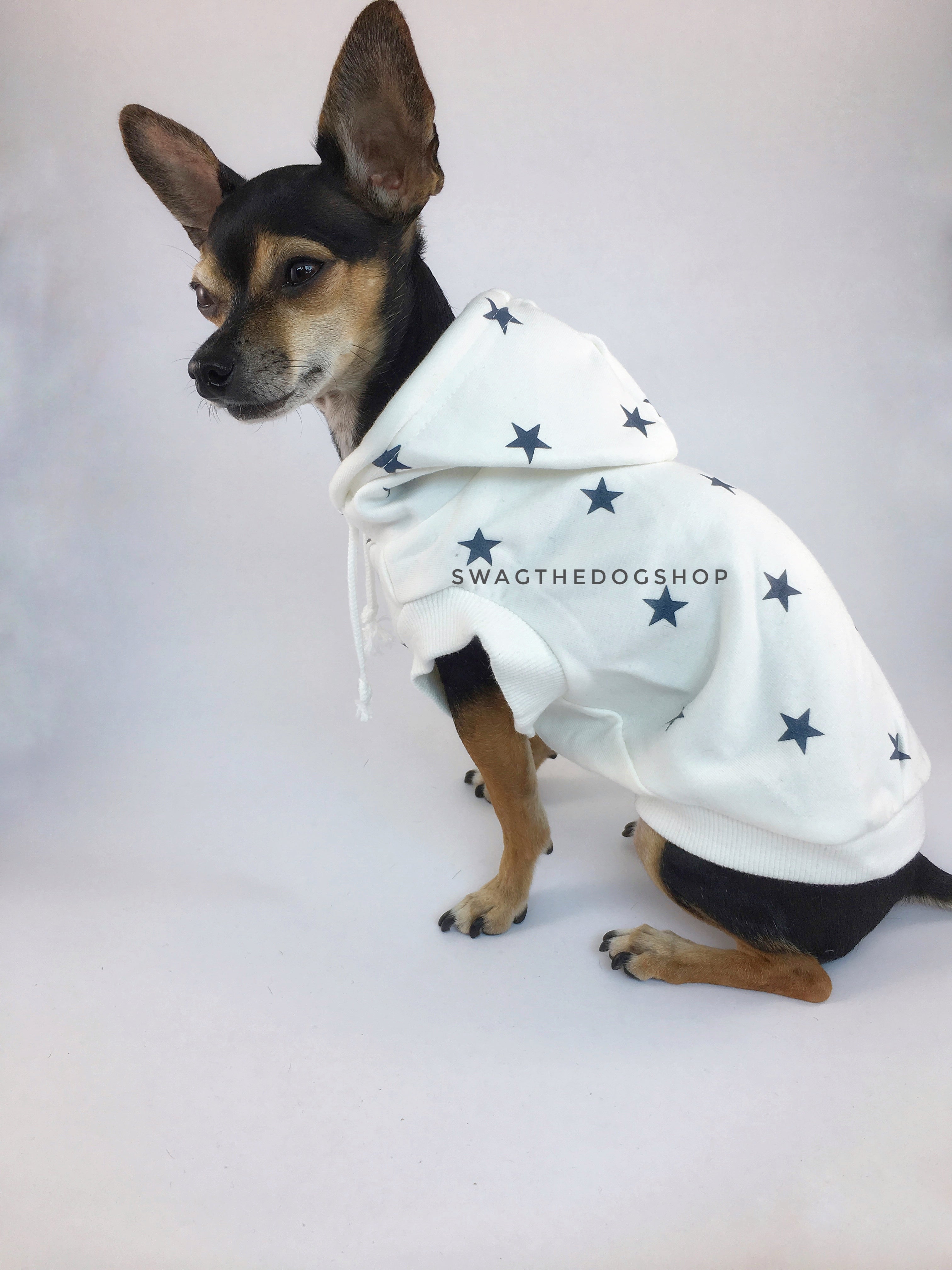All-Star White Hoodie - Cute Chihuahua Dog Wearing Hoodie Side View. White and Blue Star Hoodie