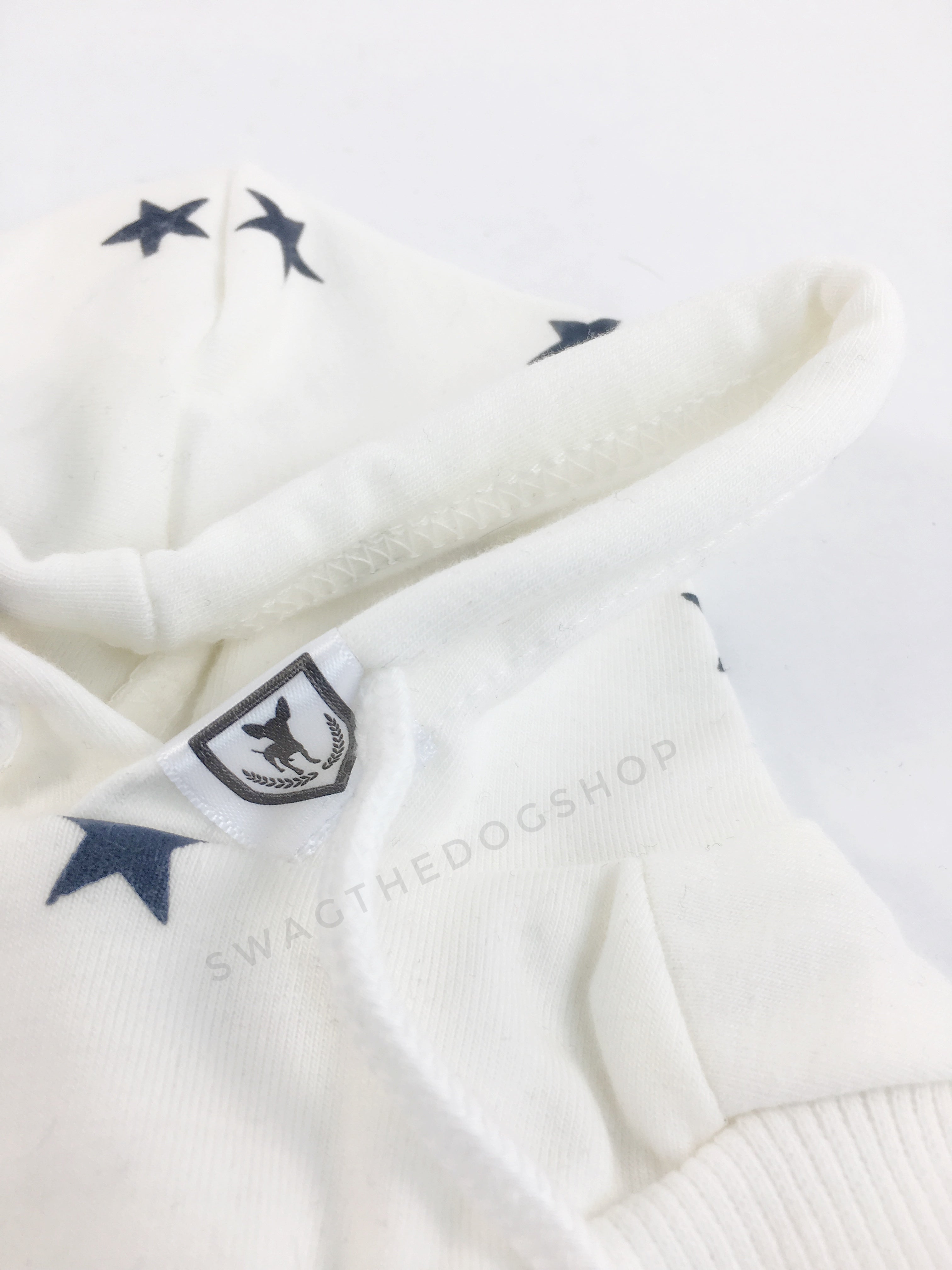 All-Star White Hoodie - Close Up of Label and Hood. White and Blue Star Hoodie