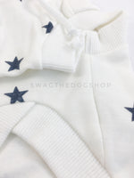 All-Star White Hoodie - Close up of front. White and Blue Star Hoodie