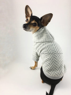 Après Ski Gray Hoodie - Cute Chihuahua Dog Wearing Hoodie Back View. Gray and White Herringbone Hoodie