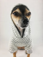 Après Ski Gray Hoodie - Cute Chihuahua Dog Wearing Hoodie with Hood Up. Gray and White Herringbone Hoodie