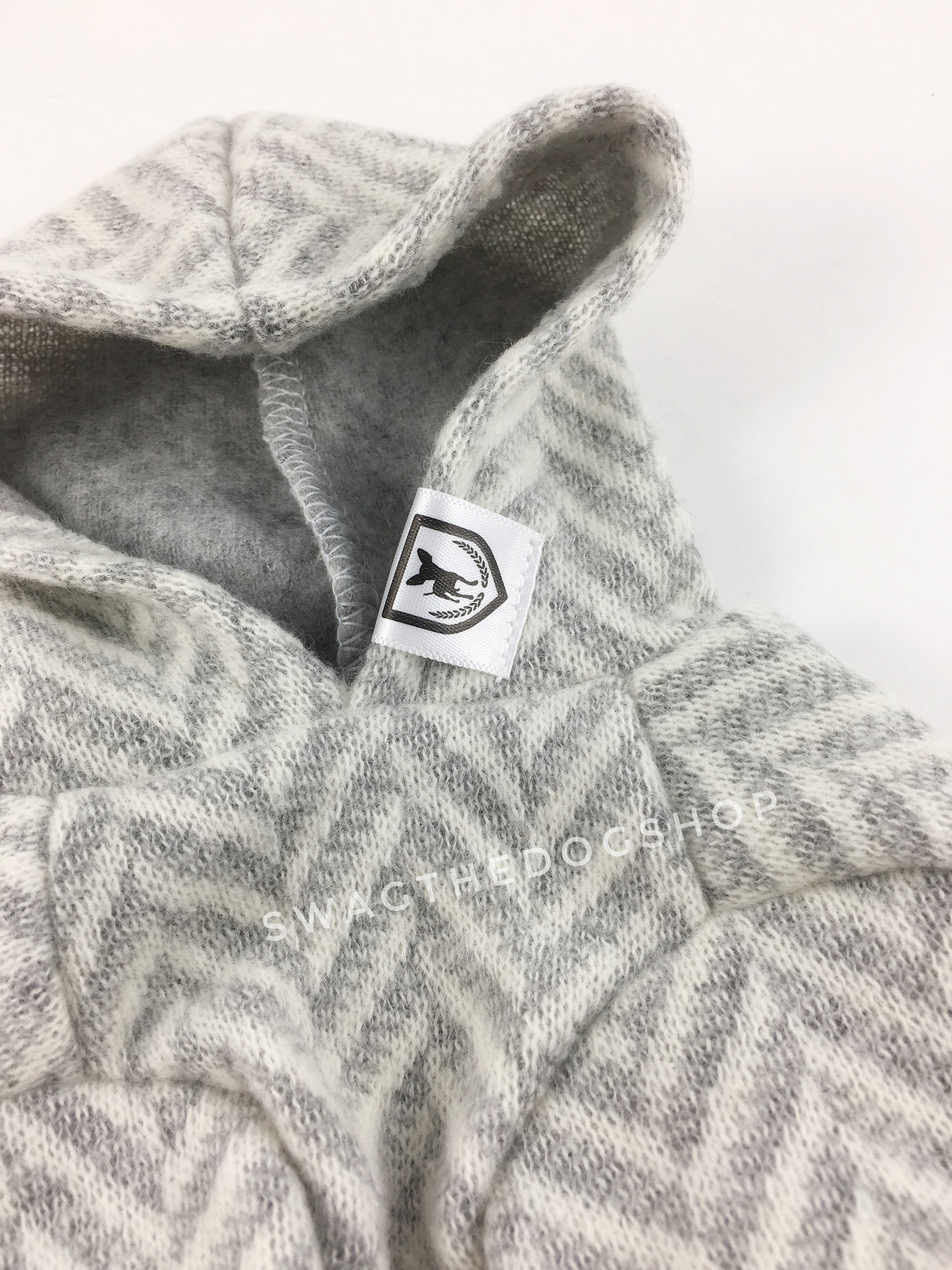 Après Ski Gray Hoodie - Front close up view of label and hood. Gray and White Herringbone Hoodie