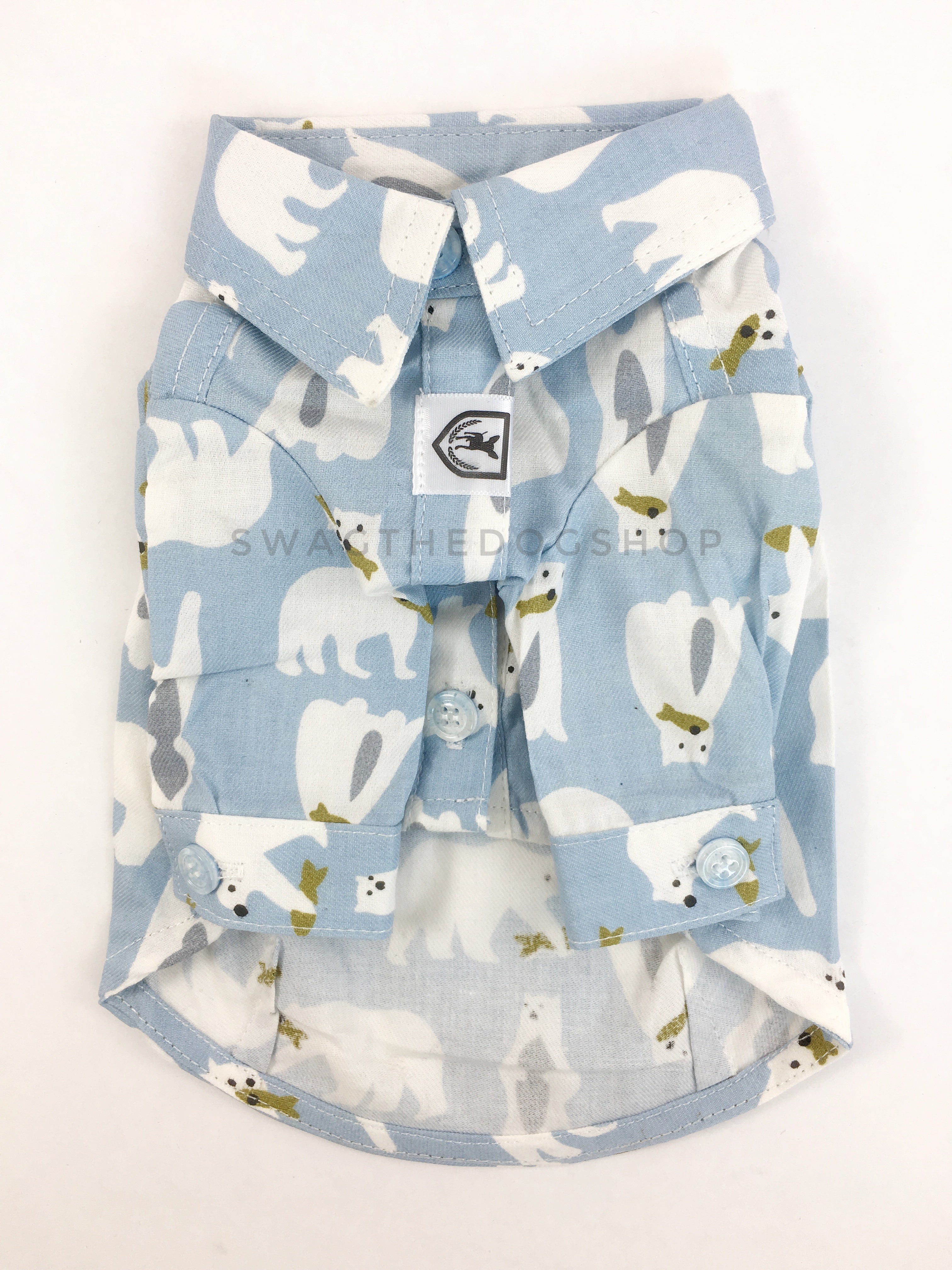 Arctic Expedition Shirt - Product Front View. Polar Bear Fishing Expedition Blue Button Shirt