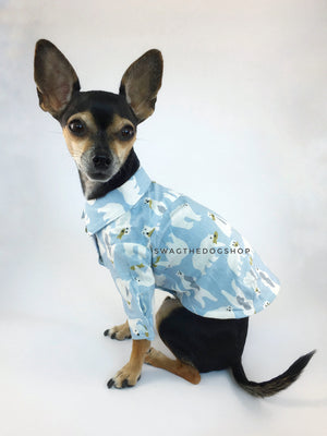Arctic Expedition Shirt - Cute Chihuahua Dog Wearing Side View. Polar Bear Fishing Expedition Blue Button Shirt