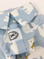 Arctic Expedition Shirt - Close Up of Label and Collar. Polar Bear Fishing Expedition Blue Button Shirt