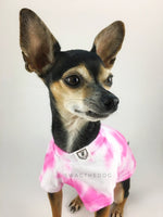 Swagadelic Pink Tie Dye Tee - Close-up frontal of cute Chihuahua named Hugo in sitting position, wearing the hand tie-dyed tee with Pink
